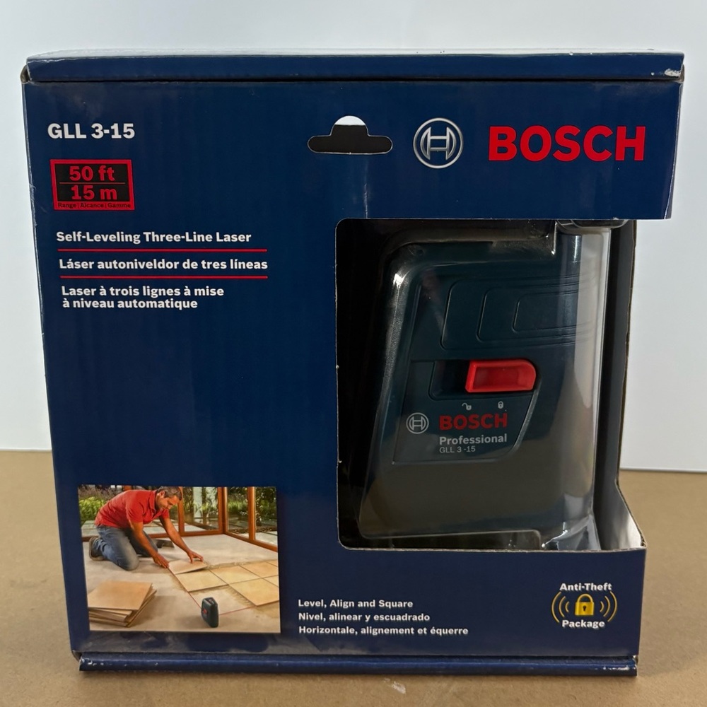 New Bosch Self-Leveling Three-Line Laser, Includes Belt Pouch and 4 Batteries
